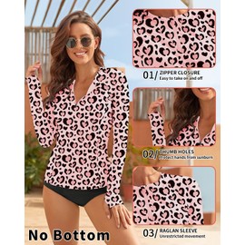 WOWENY Women's Valentine Day Rash Guard UPF 50+ Long Sleeve Swimsuits Thumb Holes Surfing Swim Top Swimsuit Bathing Suit Pink Leopard