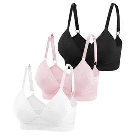 Eleplus 3 Pieces Deep V Wireless Bras for Women Seamless Comfy Bralettes Lightly Lined Multicolors Pack (Black+White+Pink,Small)