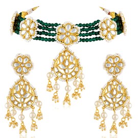 Aheli Green Kundan & Beads Studded Necklace Dangle Earrings Jewellery Set Gift for Women