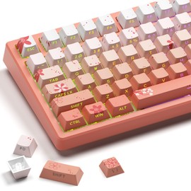 Catekro PBT Keycaps, 132 Keys, Sakura Design, Orange Gradient, Side Printed Sublimation Keycaps, Transparent Characters, Compatible with 60% 65% 75% Cross Axis Keyboards