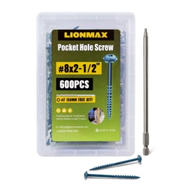 LIONMAX Pocket Hole Screws, 8 x 2-1/2" Exterior Pocket Screws 600PCS, Blue Coated for Weather Resistant, Coarse Thread, Washer Head with Square Drive, 150MM Drive Bit Included