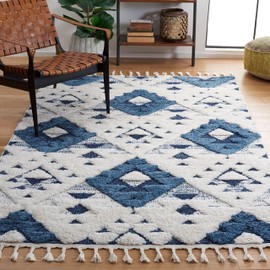 SAFAVIEH Moroccan Tassel Shag Collection Area Rug - 6'7" x 9'2", Blue & Ivory, Non-Shedding & Easy to Clean, Plush High-Low Texture, Ideal for Living Room, Bedroom, Dining Space (MTS688M)