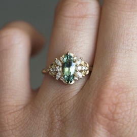 Engagement Rings for Women Oval Cut Created Aquamarine Cubic Zirconia Wedding Band Promise Rings for Her (Gold, Size 7)