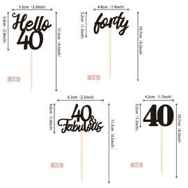 24 piezas de decoración para cupcakes de cumpleaños 40 Hello 40 Forty 40 & Fabulosas palillos para cupcakes 40 cumpleaños, suministros para decoración de tartas, color negro