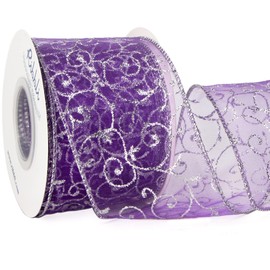 Ribbli Swirl Glitter Wired Ribbon, Purple Organza Sheer Ribbon with Silver Glitter Swirl Pattern and Silver Metallic Edge,2-1/2Inch x 10Yards Christmas Ribbon for Tree Decoration