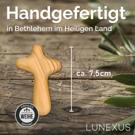 Lunexus Consolation Cross 7.5 cm - Hand Cross Olive Wood from Bethlehem - Blessed & Consecrated - Cross of Life for Healing, Pilgrims, Communion, Confirmation, Baptism - Gift for Sick, Grief & Funeral