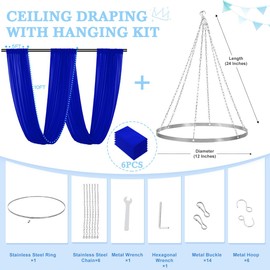 FUHSY Blue Ceiling Drapes Ceiling Draping Hanging Kit 6 Panels 5ft x 10ft Royal Blue Wedding Arch Draping Fabric Chiffon Sheer Ceiling Curtains for Bedroom Party Ceiling Decor with Metal Hoop Ring