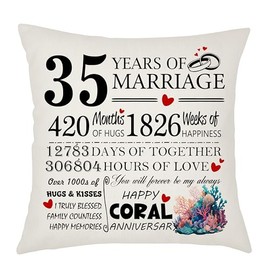 35th Wedding Anniversary Coral Anniversary Cushion Cover - Gift for Wife or Husband - 35 Years of Marriage Keepsake Present - Elegant 45x45cm Pillow Case (35 Years of Marriage)