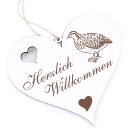 Herzlich Willkommen Sign, Quail, Decorative Heart, Wooden Welcome Sign, Door Sign, Door Decoration