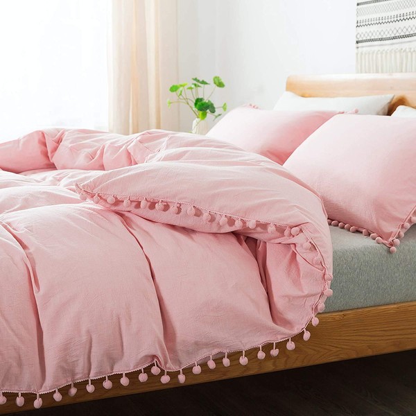 Softta Duvet Cover King 3 Pcs Pink Girls Bedding Teen Vintage Ruffle Modern Bedding Boho Bohemian 100% Washed Cotton Pom Pom Bedding