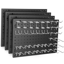 TidyPeg Heavy Duty 4 Panel 16" X 12" Metal Peg Board with 32 Varied Sturdy Hooks, Used for Tool Storage and Garage Organization. Peg Board Organizer Accessories, Black