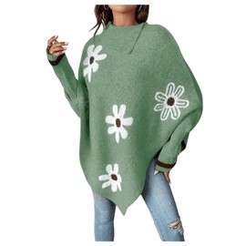 MakeMeChic Women's Poncho Sweater Turtleneck Knit Floral Asymmetrical Fall Sweaters Pullover Olive Green X-Small