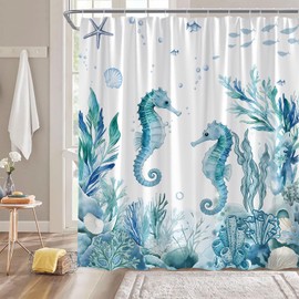 Coastal Seahorse Shower Curtain Nautical Fish Coral Seashell Starfish Beach Underwater Bathroom Decor Curtain with Hooks,70" W x 70" L