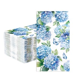 100Pcs Hydrangea Paper Napkins 3 Ply Watercolor Blue and White Floral Butterfly Disposable Absorbent Hand Towel Spring Pretty Flower Guest Dinner Napkin for Bridal Shower Bathroom Tea Party Supplies