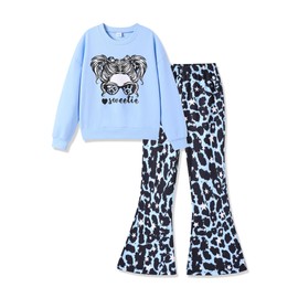 Jrbybazy Girls Clothes Sweatsuit Crewneck Cute Print Sweatshirt Top and Leopard Stars Flared Pants Sweatpants Clothes for Girls 7-8 Outfits