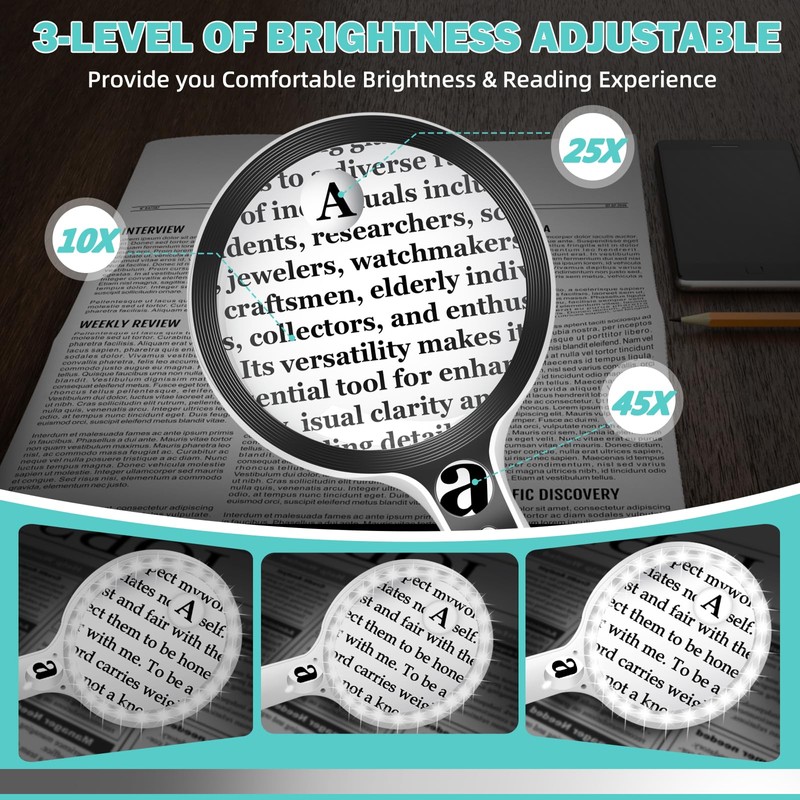 Large Magnifying Glass with Lights,10X 25X 45X Handheld Lighted Magnifier,