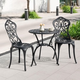 NUU GARDEN 3 Pieces Patio Bistro Set, Round Table with Umbrella Hole, Outdoor Bistro Set with 2 Chairs, All-Weather Outdoor Patio Bistro Set for Garden, Lawn, Poolside, Porch, Black