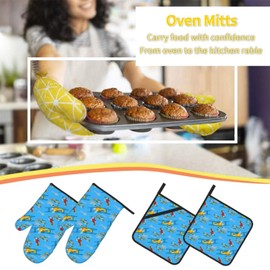 WAWOWA Airplane Oven Mitts and Potholders BBQ GlovesSets of 4, Oven Mitts and Pot Holders Cooking Gloves for Cooking Baking Grilling