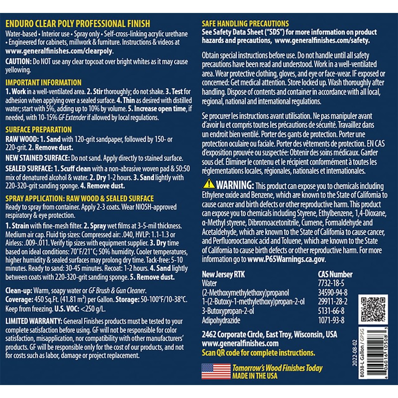 General Finishes Enduro Water Based Clear Poly, 1 Gallon, Semi-Gloss