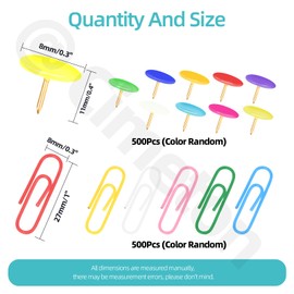 Cimeton 1000PCS Colorful Vinyl Coated Paper Clips and Vinyl-Coated Thumbtacks Assortment Kits Included 500pcs 27mm Paperclips 500pcs 11mm Flat Thumb Tacks for Office School Home