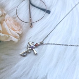 Rose Cross Pendant Necklace Crystal Flower Leaf Crucifix Necklace Religious Christian Cross Jewelry for Women Girls Teens (Purple)