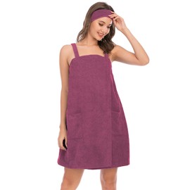 ANUFER Womens Adjustable Bath Towel Wraps with Headband for Gym Shower Spa & Beach Cover Ups Fuchsia M