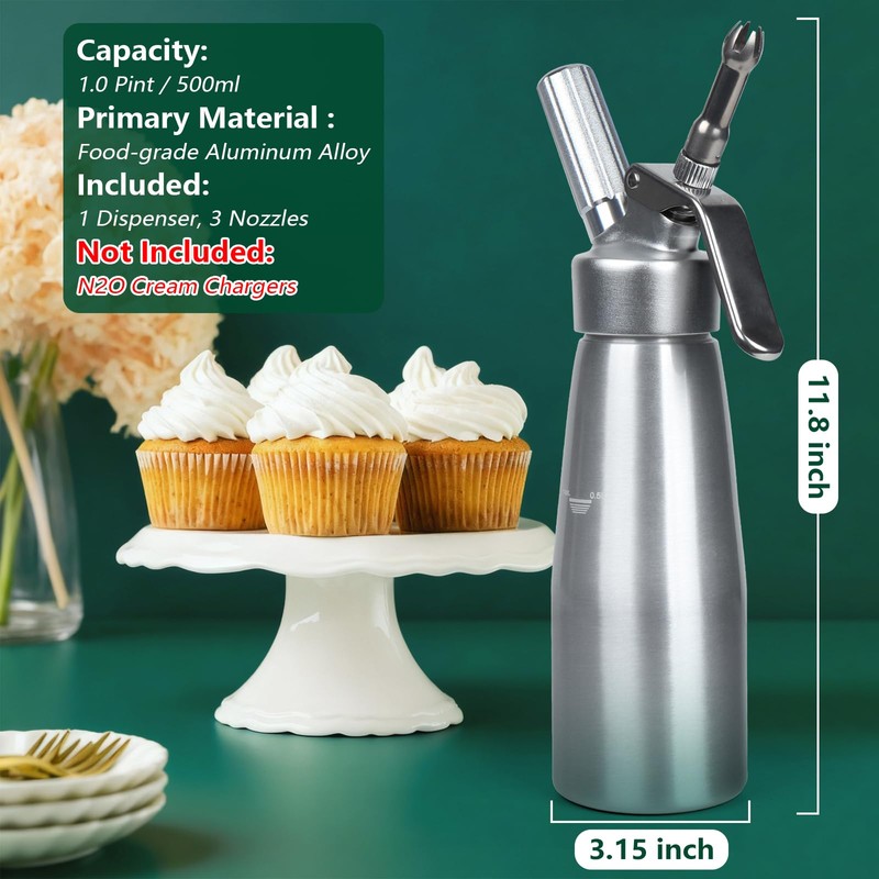 Whipped Cream Dispenser, 1 Pint Aluminum Cream Whipper with 6