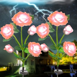 SmilingTown Solar Garden Stake Lights 2 Pack with 10 Rose Flowers Landscape Path Decorative Lights Waterproof for Outdoor Yard Grave Cemetery Pathway Courtyard Lawn (Pink)