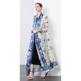 LAI MENG FIVE CATS Women's Lightweight Pleated Fabric Belt Floral Print Loose Open Casual Maxi Outerwear Dress