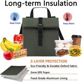 Insulated Lunch Bag for Men/Women/Kids, Roll top Reusable Lunch Box with Adjustable Shoulder Strap, Thermal Leakproof Lunch Cooler Tote Container for Adults/Teens School Work Office Picnic,Army Green