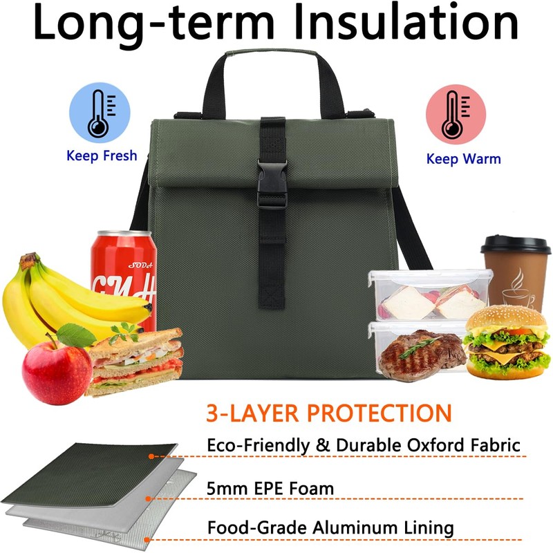 Insulated Lunch Bag for Men/Women/Kids, Roll top Reusable Lunch Box