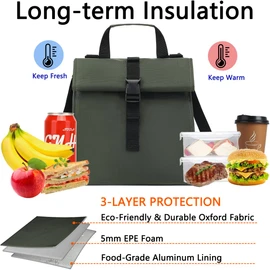 Insulated Lunch Bag for Men/Women/Kids, Roll top Reusable Lunch Box with Adjustable Shoulder Strap, Thermal Leakproof Lunch Cooler Tote Container for Adults/Teens School Work Office Picnic,Army Green