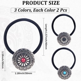 CABODYALS 6Pcs 3 Colors Vintage Squash Blossom Hair Bands Ropes Western Style Metal Ponytail Holders Boho Turquoise Cowgirl Elastic Decorative Hair Ties Bracelet with Box for Women Accessories