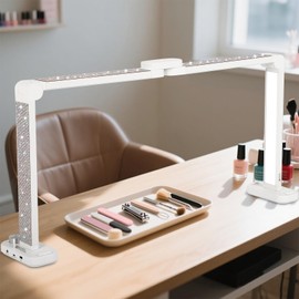 FAHKNS Large Half-Moon Light for Nail Desk, 34IN Foldable LED Lamp with Phone Holder, 3000-6000K Color Temperature, Stepless Brightness Adjustment, Nail Art, Tattooing, White with Diamonds