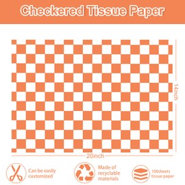 Whaline 100 Sheets Checkered Tissue Paper Orange White Plaid Gift Wrapping Paper Decorative Art Paper for Fall Birthday Party DIY Crafts, 14 x 20 Inch
