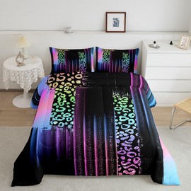 Feelyou Rainbow Colorful Reversible Comforter Set Full Size Abstract Leopard Comforter for Kids Adults Ombre Stripes Bedding Set Modern Art Duvet Set Room Decor 3Pcs with 2 Pillow Case