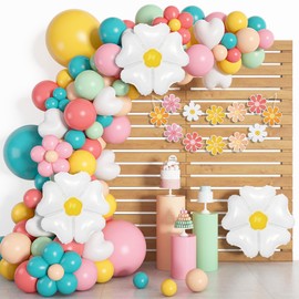 Ouddy Life 161pc Daisy Balloon Garland Arch Kit, Pastel Groovy Flower Party Decorations with Pink Yellow Orange Blue Green Daisy Banners for Baby Shower Retro Hippie Two Groovy Boho Birthday Party Decor