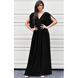 KOH KOH Plus Size Womens Long V-Neck Summer Grecian Greek Bridesmaid Wedding Party Guest Flowy Formal Evening Slimming Vintage Maternity Gown Gowns Maxi Dress Dresses, Black XL 14-16