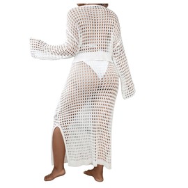 GORGLITTER Women's Plus Size 2 Piece Crochet Cover Ups Long Sleeve Knitted Hollow Out Skirt Set Beachwear White Large Plus