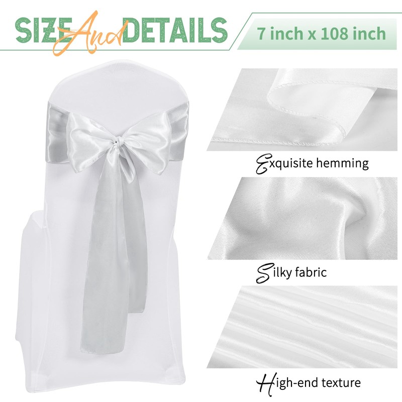 120 PCS Silver Satin Chair Sashes, 7 x 108 Inch