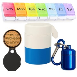 NAKOSITE Pillendose (7 Tage) | Großer Pillenorganizer + Pillenschneider und Pillenzerkleinerer + Schlüsselanhänger Pillendose + Taschenlupe | Leicht zu öffnen (Druckknopf) | BPA-frei | Ideal für