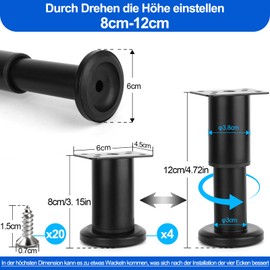 Yooler Set of 4 Furniture Feet, 8-12 cm Furniture Feet, Adjustable, Feet for Furniture, Metal, Black, Replacement Support Feet, DIY Cabinet Feet, Table Feet with 20 Screws for Furniture, Sofa, Bed,