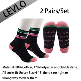 LEVLO Sorority Socks Pretty In Pink and Gorgeous In Green Cotton Socks Gift for Women Girl (2 Pairs/Set - Mid Calf - 2)