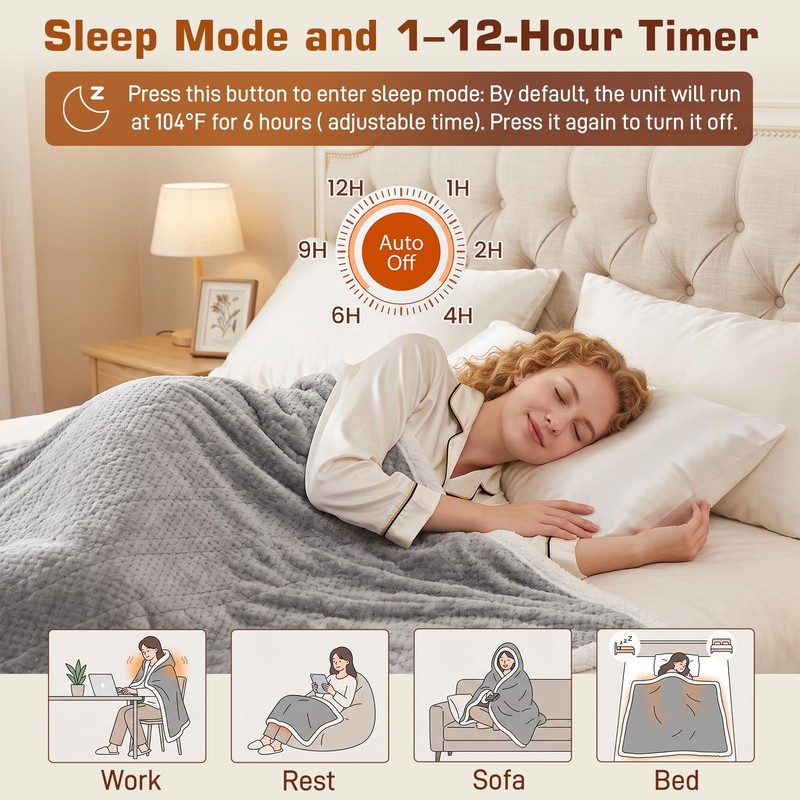 Wearable Heated Blanket with Foot Pocket, Detachable Hood, 8 Heat