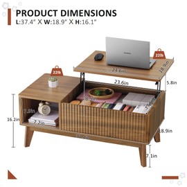 LYNCOHOME Fluted Coffee Table with Hidden Compartment, Wood Lift Top Coffee Tables, Modern Center Table for Living Room, Home Office（Walnut）