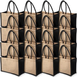 Reginary 16 Pcs Jute Tote Gift Bags Natural Burlap Grocery Shopping Bag Beach Tote with Handle for Bridesmaid Wedding Travel(Black Trim)