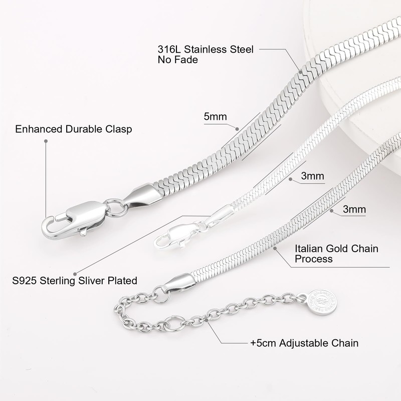 KRKC&CO Women's Snake Chain, 3 mm/5 mm Flat Franco Chain