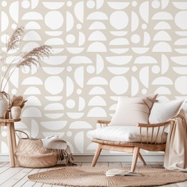 VEELIKE Abstract Wallpaper Peel and Stick Boho Beige Semicircle Geometric Wallpaper for Bathroom Bedroom 17.7''x118'' Self Adhesive Geometric Contact Paper Peel and Stick Art Deco Wall Paper