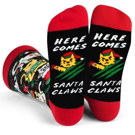 Here Comes Santa Claws Funny Holiday Socks - Christmas Stocking Gift For Cat Lovers - Unisex for Men & Women, One Size