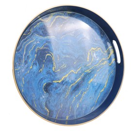 Leemxiiny Round Black Marbling Decorative Tray with Handles, 13" Morden Plastic Serving Tray for Coffee Table Bathroom, Ottoman, Home Decor